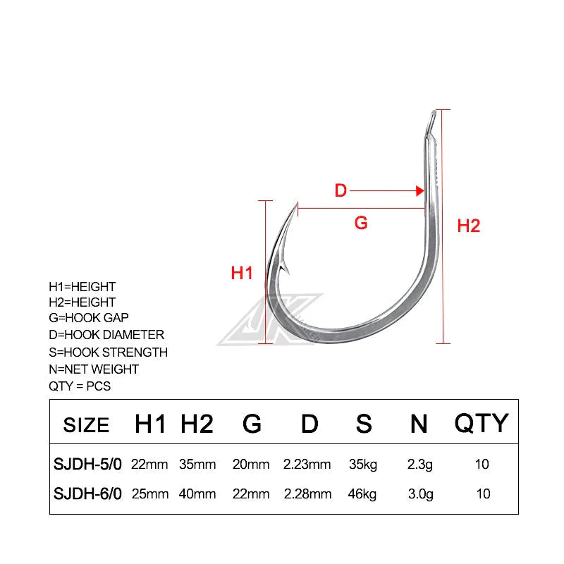 Anzóis JK Jigging 5/0 6/0 aço 3X 50pçs pesca profunda