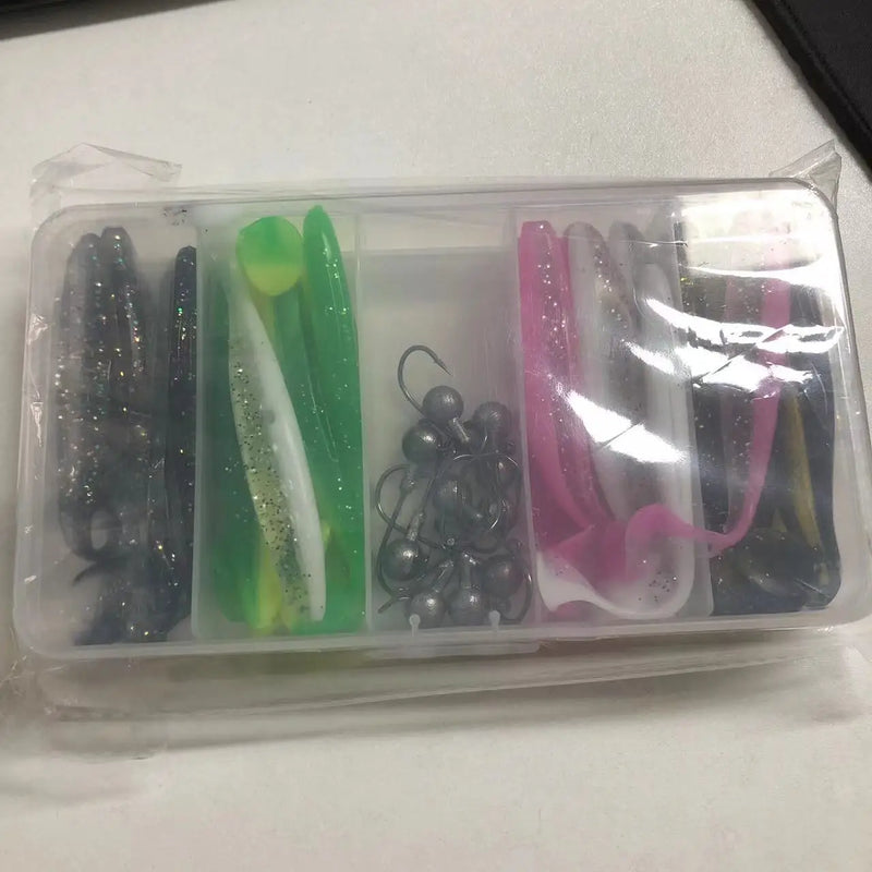 Kit 25 iscas macias silicone + anzóis e jigs variados