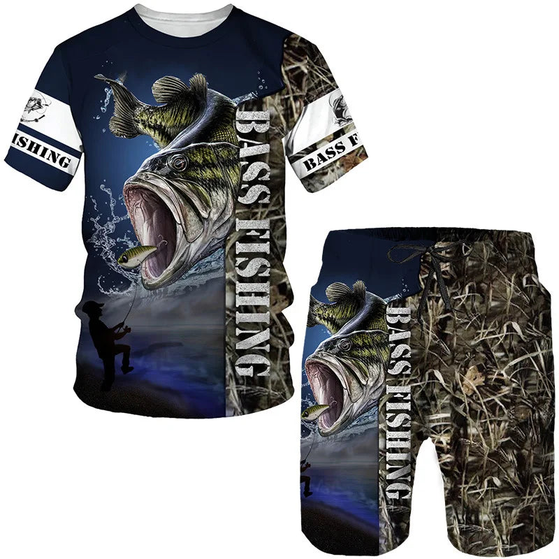 Conjunto Pesca 3D Camuflado Verão Camiseta + Short