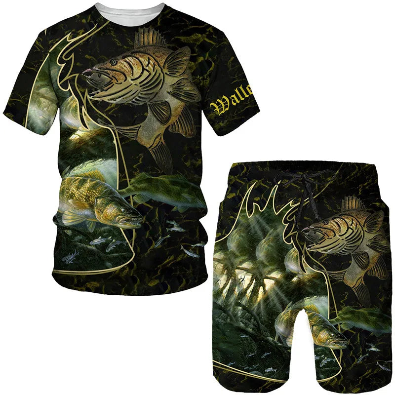 Conjunto Pesca 3D Camuflado Verão Camiseta + Short