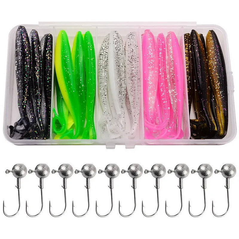 Kit 25 iscas macias silicone + anzóis e jigs variados