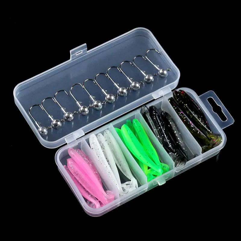 Caixa 25 iscas macias T-tail + anzol chumbo rio/mar