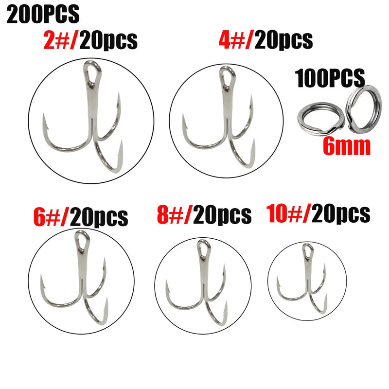 Kit 200 anzóis triplos aço carbono + anilhas p/ pesca