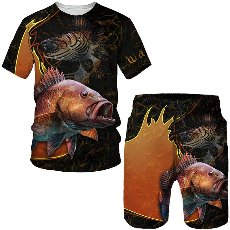 Conjunto Pesca 3D Camuflado Verão Camiseta + Short