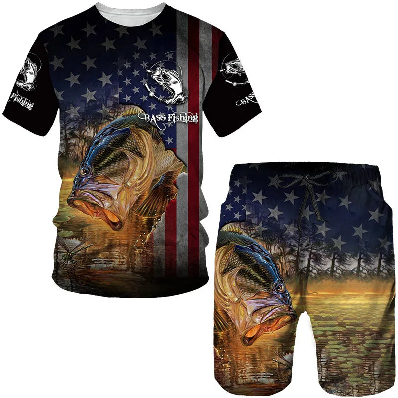 Conjunto Pesca 3D Camuflado Verão Camiseta + Short