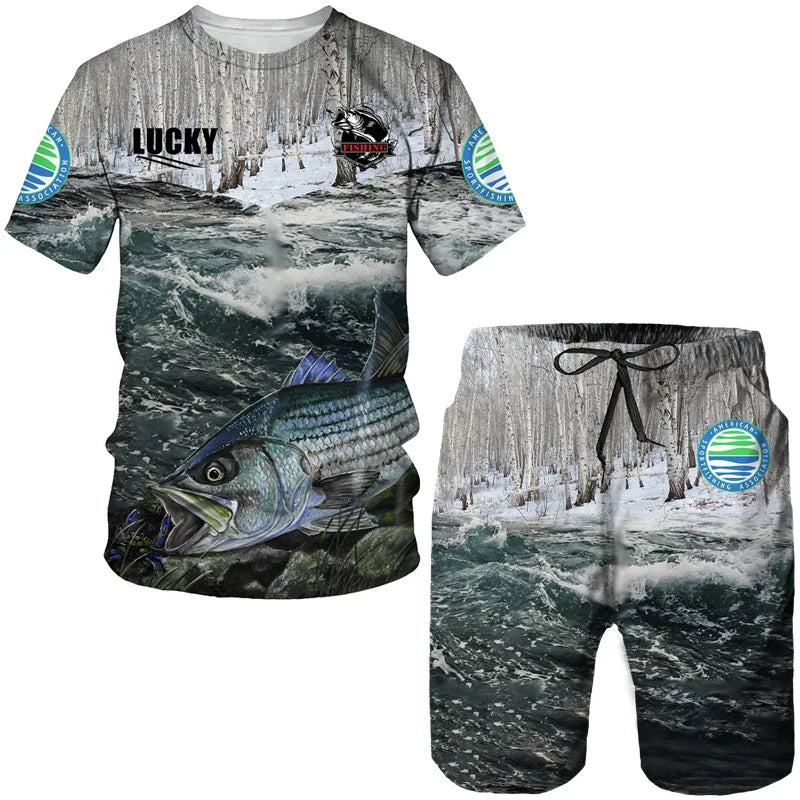 Conjunto Pesca 3D Camuflado Verão Camiseta + Short