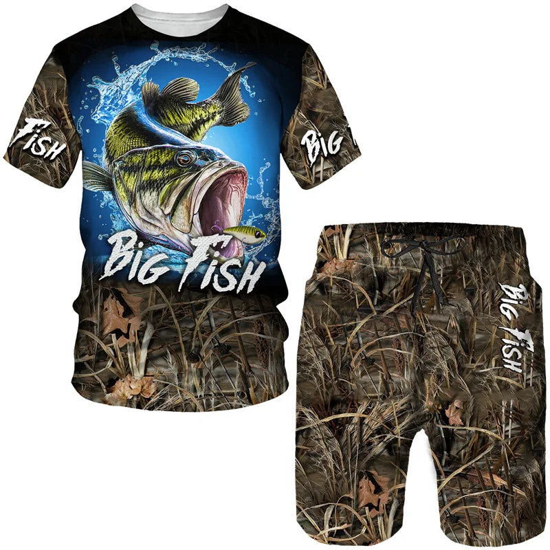 Conjunto Pesca 3D Camuflado Verão Camiseta + Short