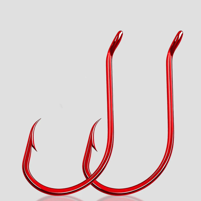 Anzóis 9KM polvo vermelhos farpados aço carbono 50–100pçs