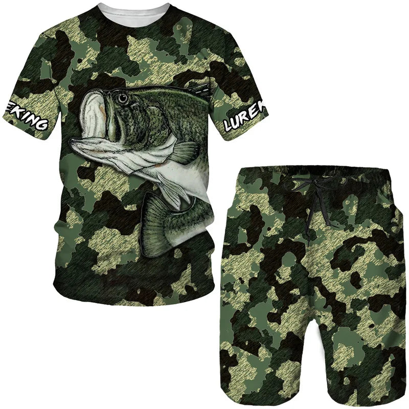 Conjunto Pesca 3D Camuflado Verão Camiseta + Short