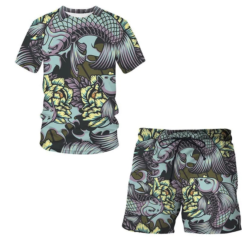 Conjunto Pesca 3D Camuflado Verão Camiseta + Short