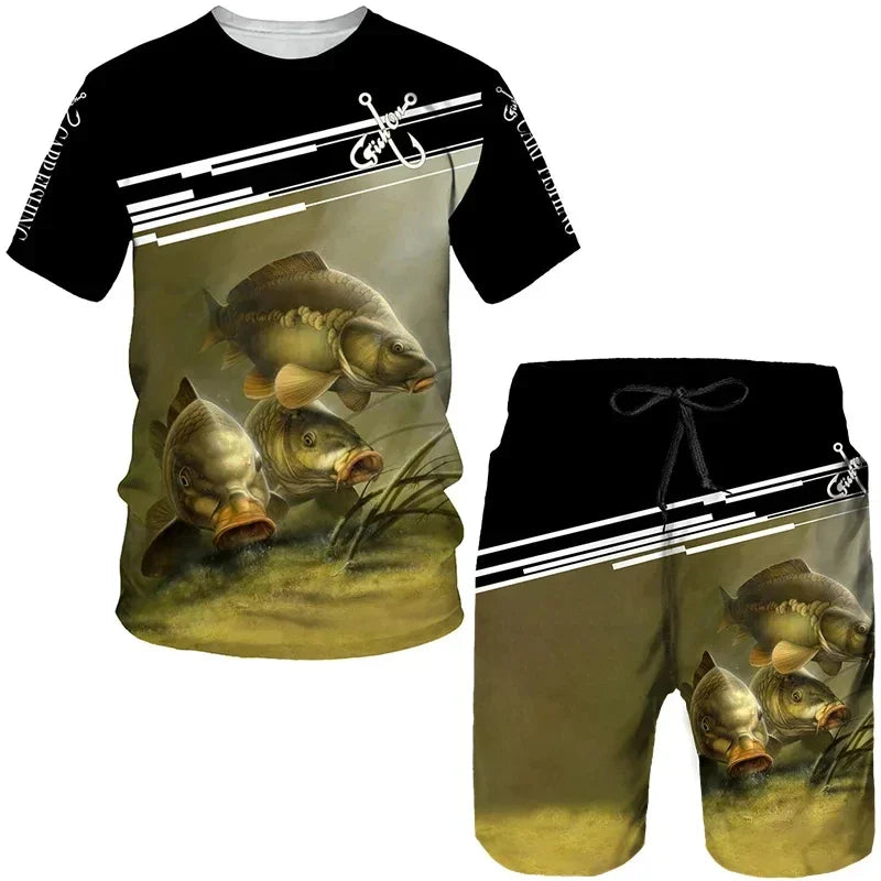 Conjunto Pesca 3D Camuflado Verão Camiseta + Short