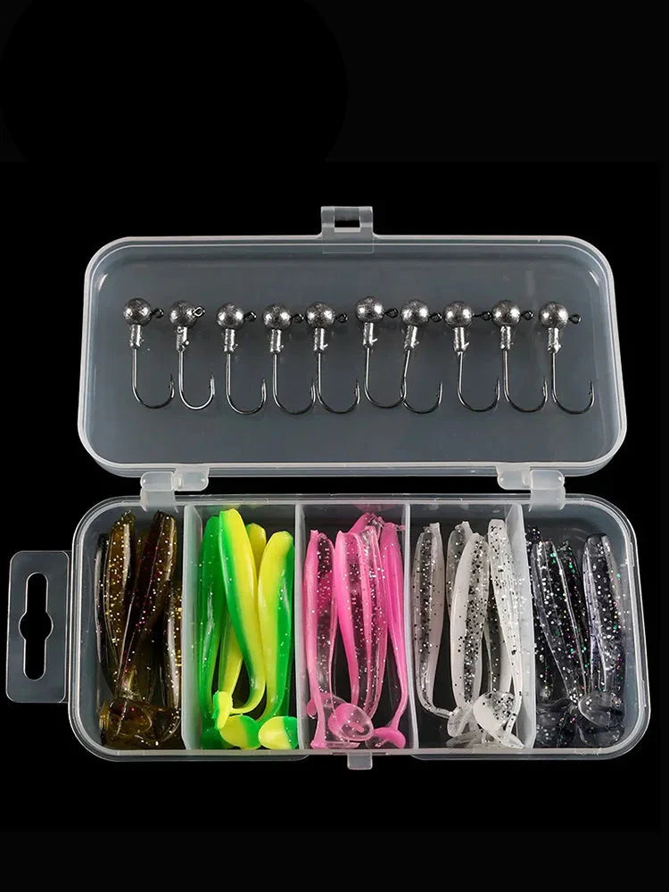 Caixa 25 iscas macias T-tail + anzol chumbo rio/mar