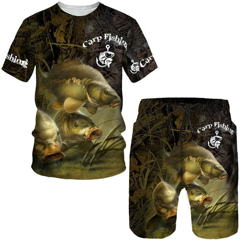 Conjunto Pesca 3D Camuflado Verão Camiseta + Short