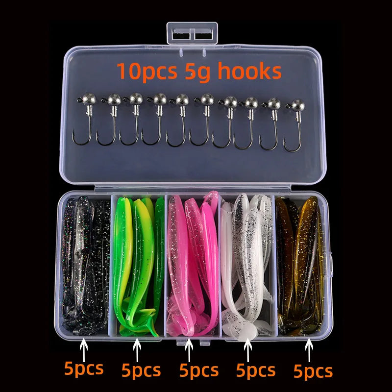 Kit 25 iscas macias silicone + anzóis e jigs variados