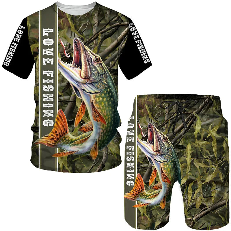 Conjunto Pesca 3D Camuflado Verão Camiseta + Short
