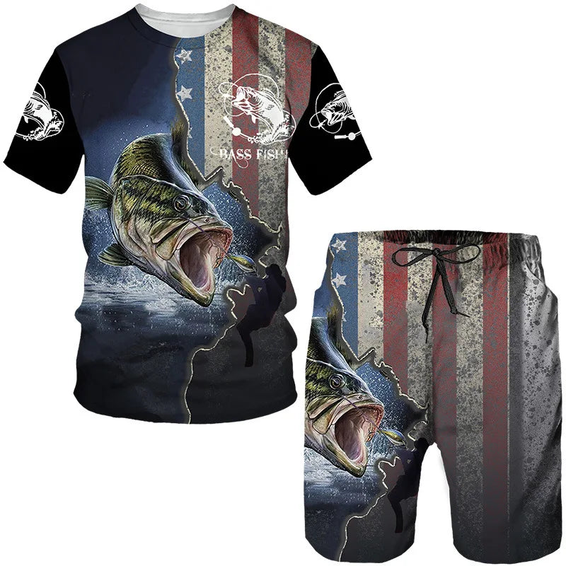 Conjunto Pesca 3D Camuflado Verão Camiseta + Short