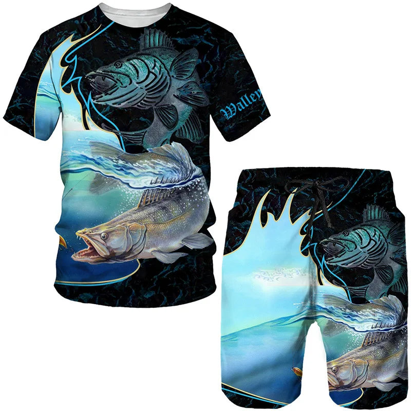 Conjunto Pesca 3D Camuflado Verão Camiseta + Short